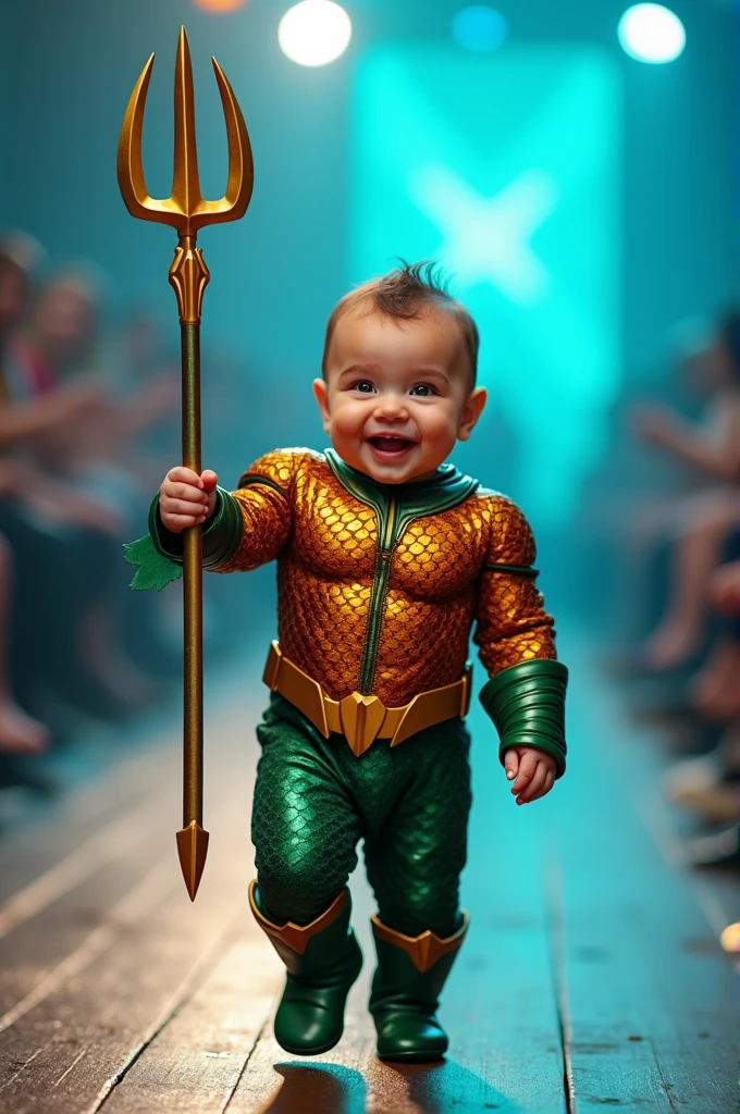 Create a scene where a smiling and adorable baby is wearing a costume of the superhero AQUAMAN with a trident in his hand and parading on the catwalk, ultra realistic 4k motion camera