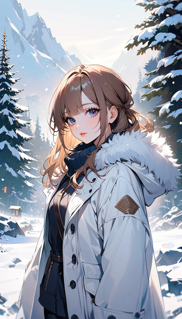 1woman, solo, brown hair, black eyes, detailed eyes, eyelashes, light lips, 25years old, white duffle coat, fur, looking at viewer, cowboy shot, snowy landscape
