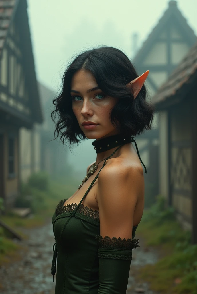 Vintage photo of an elven maiden, 18-years-old, amazonian stature, voluptuous hourglass figure, curvaceous, hefty, fat, warm almond complexion, pointy elf ears, cyan eyes, dark hair, short curly bob cut, elven ears, wearing a corset and a petticoat, posing in a foggy medieval hamlet, analog film photo, RAW Photograph, dslr, soft lighting, high quality, film grain, Fujifilm XT3, detailed skin with visible pores, insane details, masterpiece, 8k, 35mm photograph, dslr, kodachrome, faded film, desaturated, grainy, vintage, Lomography, stained, highly detailed, found footage
