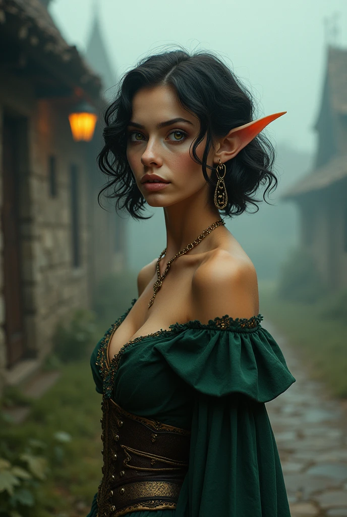 Vintage photo of an elven maiden, 18-years-old, amazonian stature, voluptuous hourglass figure, curvaceous, hefty, fat, warm almond complexion, pointy elf ears, cyan eyes, dark hair, short curly bob cut, elven ears, wearing a corset and a petticoat, posing in a foggy medieval hamlet, analog film photo, RAW Photograph, dslr, soft lighting, high quality, film grain, Fujifilm XT3, detailed skin with visible pores, insane details, masterpiece, 8k, 35mm photograph, dslr, kodachrome, faded film, desaturated, grainy, vintage, Lomography, stained, highly detailed, found footage