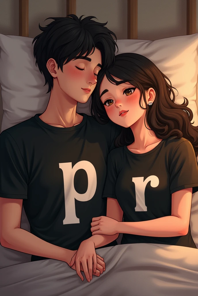 A boy in black tshirt printed P and a girl in black tshirt printed R sleeping together 