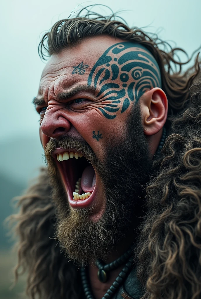 a realistic viking screaming with his teeth bared, with a Nordic tattoo around his eye