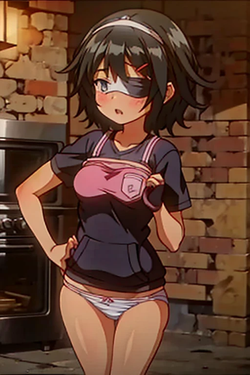 girl in a panty, wearing oven mittens tucked in pockets, blindfold