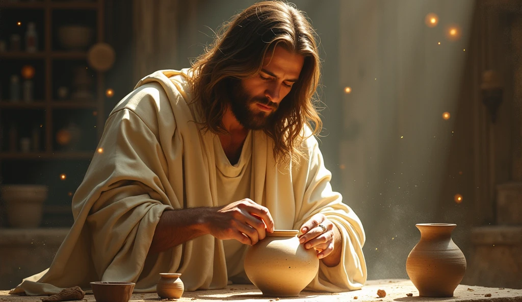 Christ as a potter, shaping a broken vessel into a masterpiece, symbolizing career transformation,  a clear light emanates from Jesus Christ who is wearing a beige cloak over his head, and small lights fly over the entire scene, a beautiful and impressive image
