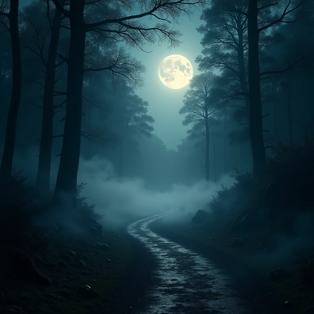 Forest trail, Moon high in the sky, fog ground level, night time, ground level, Gothic art, ray tracing, masterpiece, accurate, super detail, high details, highres, 1080P, HD, 4K, 8k, 16k, best quality