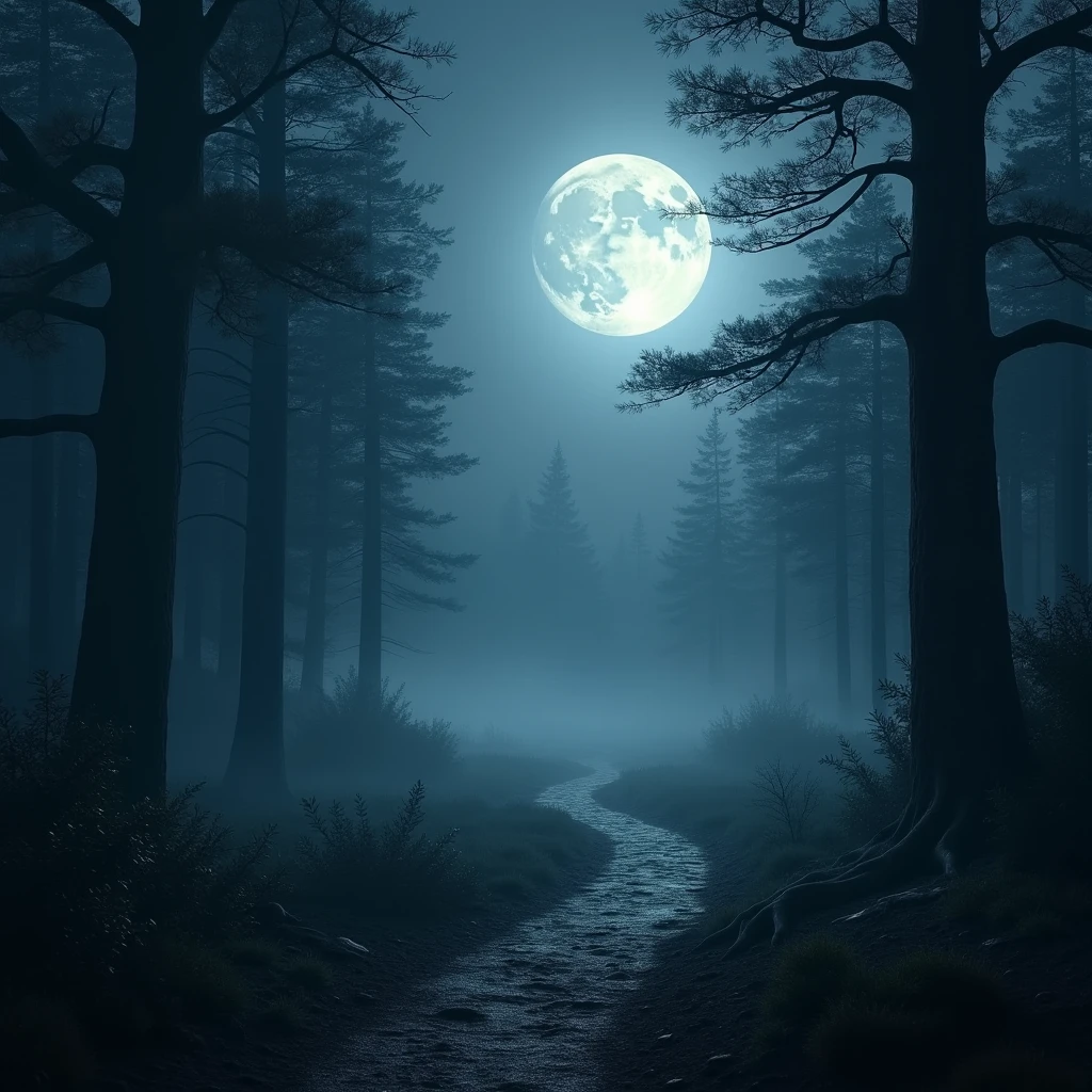 Forest trail, Moon high in the sky, fog ground level, night time, ground level, Gothic art, ray tracing, masterpiece, accurate, super detail, high details, highres, 1080P, HD, 4K, 8k, 16k, best quality