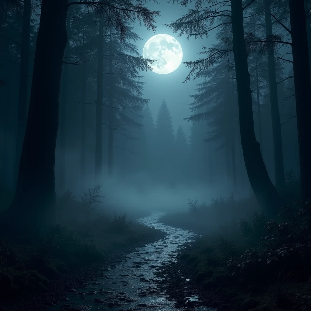 Forest trail, Moon high in the sky, fog ground level, night time, ground level, Gothic art, ray tracing, masterpiece, accurate, super detail, high details, highres, 1080P, HD, 4K, 8k, 16k, best quality