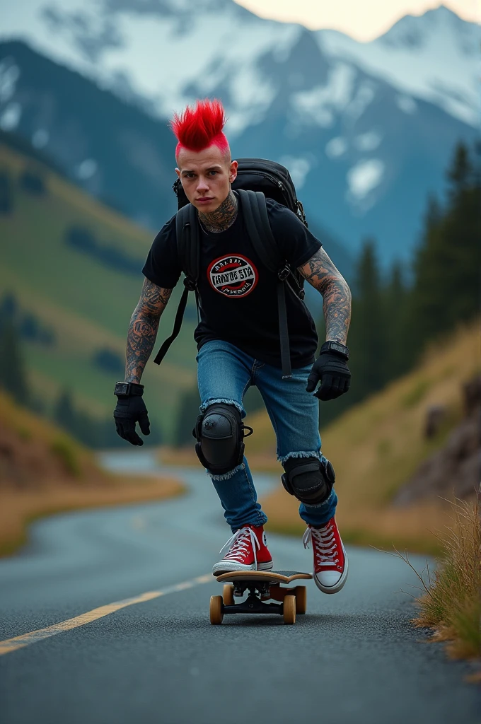 a young Punk skateboarding with red mohawk and upturned jacket covered in tattoos on his arms, confidently riding a skateboard down a winding mountain road, framed by the night golden light of the street. He is wearing a black t-shirt with a vintage VAN logo on his chest and a bag on his back, and denims jeans and use red converse shoes. The man look at the camera, his hands protected by black gloves, adding a personal touch to the thrilling scene. He also wears knee and elbow pads, ensuring safety as he navigates the turns with ease. The background is midnight lanscape features rolling green hills and snow-capped mountains in the distance, creating a stunning contrast to the rider’s dynamic movements, amplifying the excitement. In the distance. The image exudes the thrill of downhill skateboarding, the beauty of the natural scenery, and the fearless energy of the rider, with an Instagram-worthy night atmosphere.