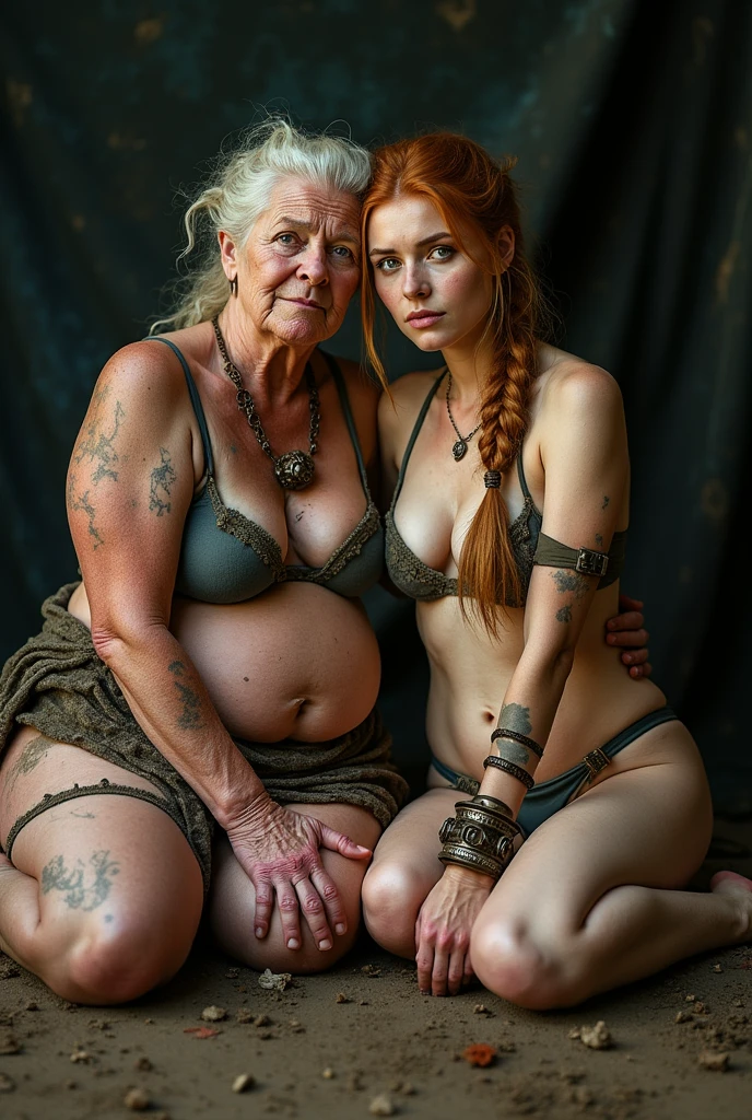 Photo of a barefoot old women, an 80-year-old chubby Viking woman, sitting on the floor alongside her 30-year-old lady barefoot. The mature has fair skin, large sagging breasts, a very muscular body, and a strikingly beautiful face with large green eyes and cracked lips. Her thick red hair is styled in a single braid. She appears dirty, covered in mud with scrapes and bruises, and is wearing a tight Viking bikini that is too small for her body, along with Viking accessories. The other lady is a fit and athletic 30-year-old Viking woman, is also barefoot, with fair skin, long blonde hair in a neat braid, and is similarly dirty with scrapes and bruises. She is wearing a tight Viking bikini that is too small for her body, complemented by Viking accessories. Her face shows sorrow and shame, with large green eyes and full lips. The image is captured in a high-quality studio setting with excellent lighting and details.