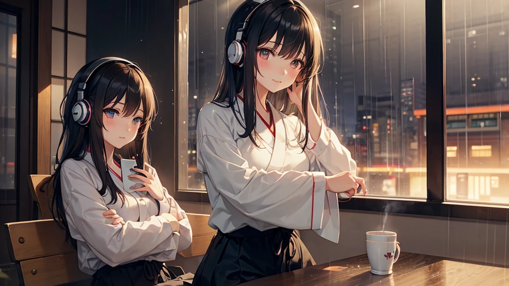 "Draw a Japanese girl in anime style, sitting in a café with headphones on. Rain falls outside the window, creating a cozy atmosphere. She has a gentle expression, with soft lighting and a cinematic feel."