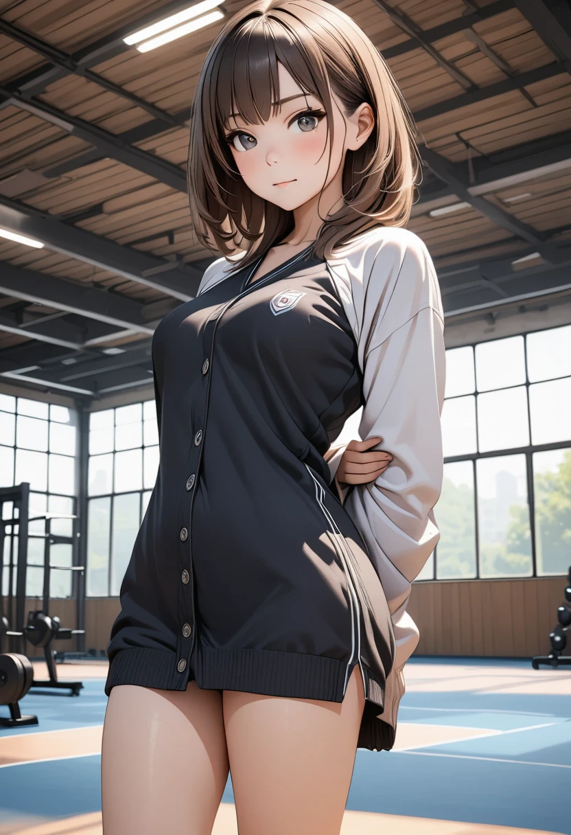 best quality, highres, photo realistic, perfect anatomy, extremely detailed, detailed face, detailed body, high quality, white loose socks, JK, cute girl, 18yo, young face, medium curvy hair, brown hair, medium breasts, overly sleeve cardigan, skinny body, slender body, gym arena, sexy standing pose, knee together, feet apart, arms behind back