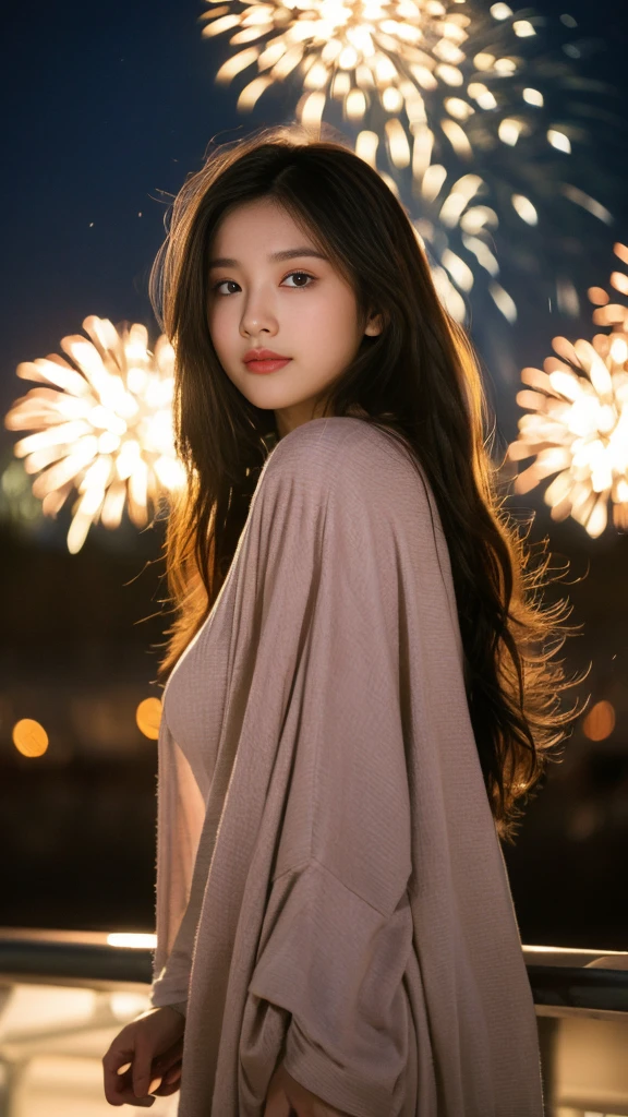 high resolution、Japanese women、Beauty、cute、Brown long hair hairstyle、Small face、Beautiful skin、Large breasts、Reality Stick、night、（Fireworks:1.5）、outside、Sexy pose、Sexy look、（The yukata is long-sleeved and closed in the front:1.5）、（The yukata is not open in the front:1.5）、
