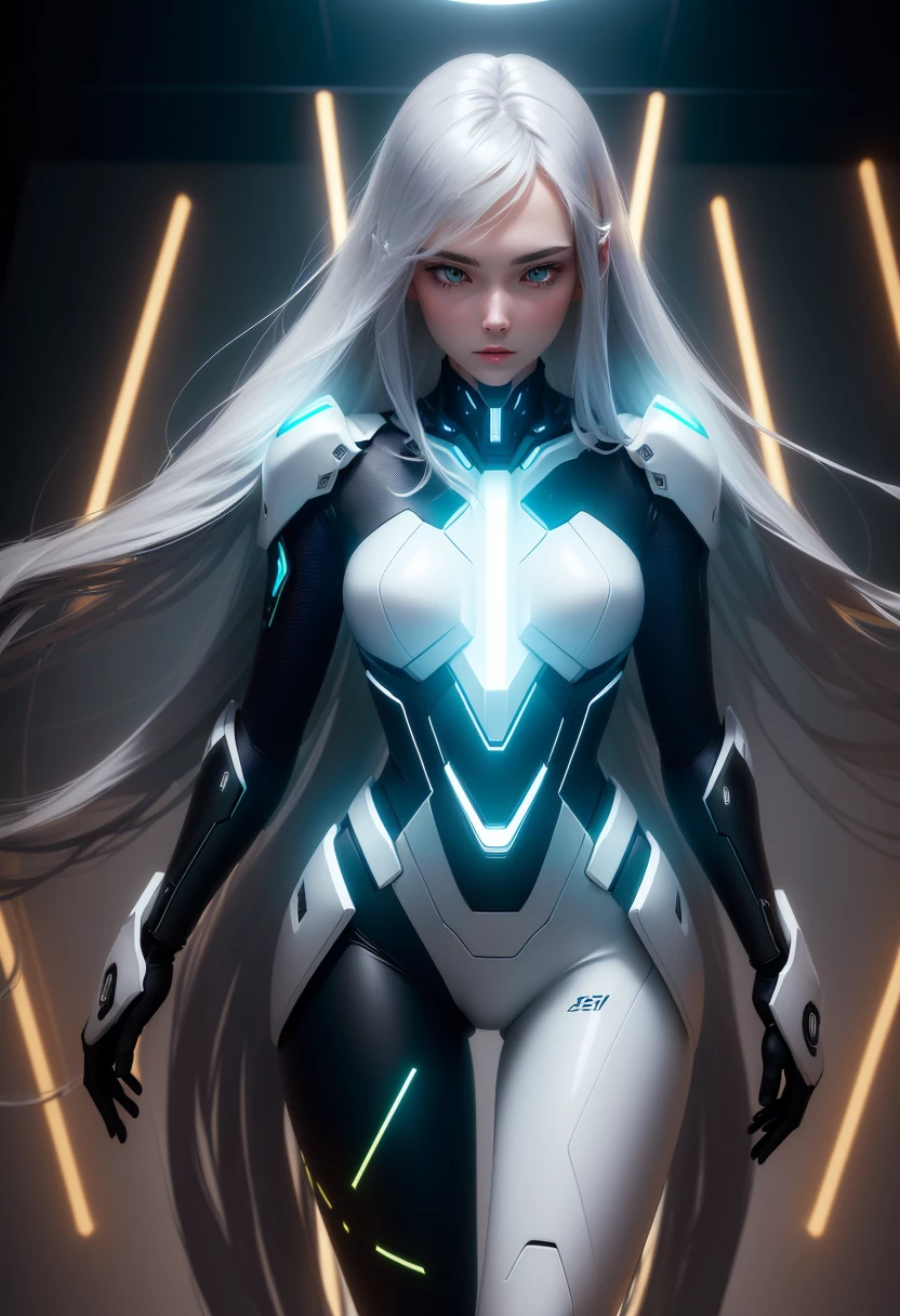 1 girl, android Kara, fully body, almost human appearance, smooth, pale metallic skin, futuristic fitted suit with illuminated LED panels and sophisticated technological details. Long flowing hair in a modern and elegant style. Contemplative pose touching the face. Futuristic environment with subtle technological elements. (semi-realistic, stylised, tall quality, 4K, 8k, ultra-detailed detail, bright coloured, studio lighting, sharp focus, conceptual artwork).