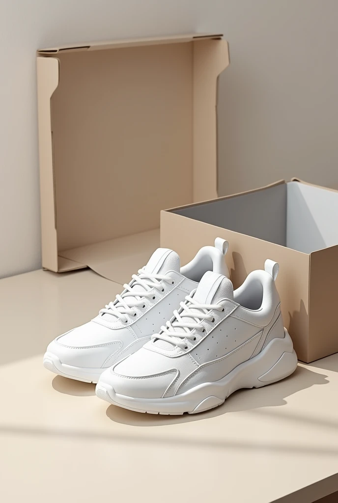 Sporty shoes white colour on the desk with the open boxe. Shoe brand name is agbo.