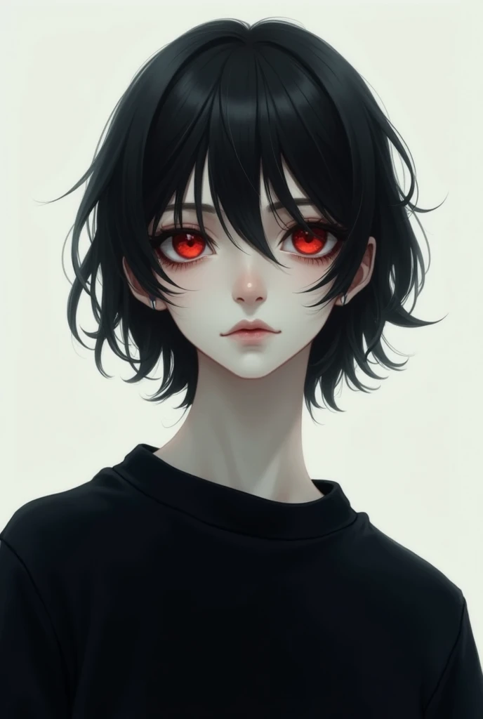 a boy wearing a black sweatshirt he has no bra he was tall and thin with slightly thin arms broad shoulders, the boy had slightly long black hair, with slightly pale fair skin, his eyes cold and red as ruby, They had slight dark circles around their eyes from lack of sleep, with a face that would be described as beautiful by anyone's beauty standards..