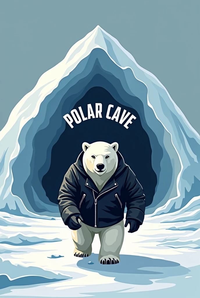 2D Logo Polar bear wearing black leather jacket walking to ice cave and above the cave is written polar cave in half circle