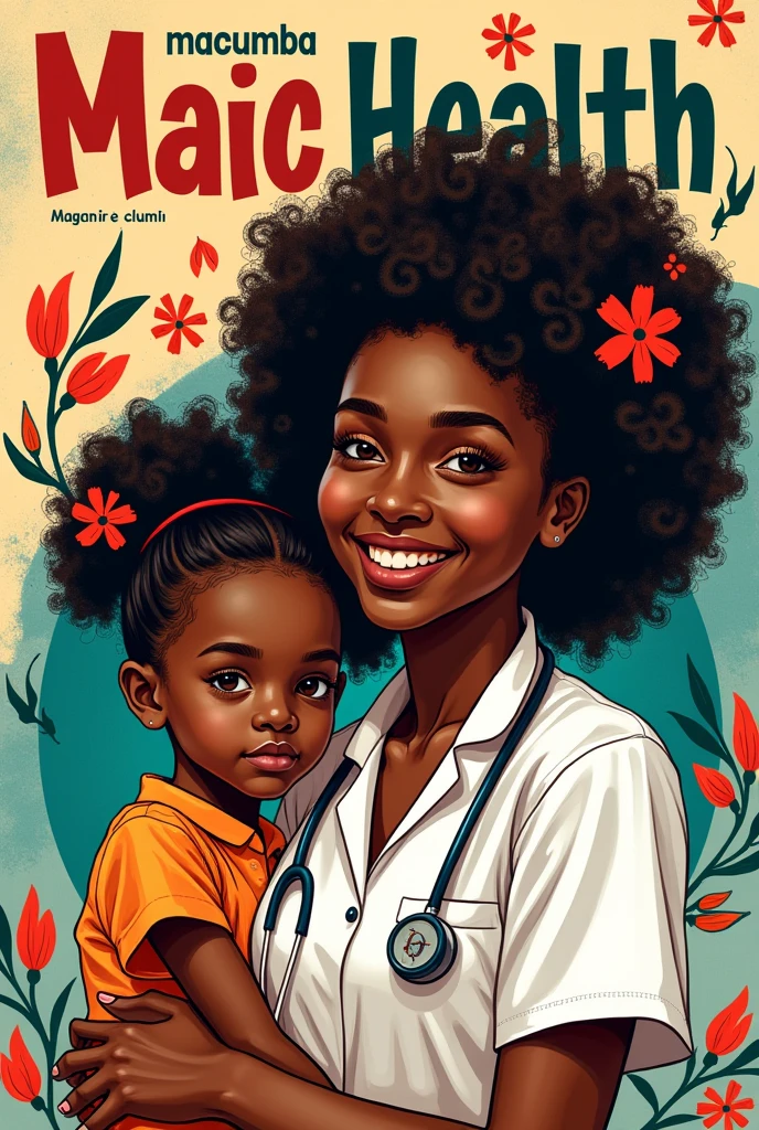Une page de garde afro haïtienne, (couverture d'une magazine), illustrated with a Macumba health section, weekly, images d une part l'infirmière et deux jeunes, young girls with frizzy hair. Je fais appelle a votre expertise pour cette page de couverture. The idea of the health section, chaque semaine nous allons parlé d'une pathologie, For example : high blood pressure, ensuite la semaine d'après nous annonçons la nouvelle rubrique et ́a pathologie exemple: le diabète, ainsi de suite. On the other hand there is the predominant image of the week as well as other advice that we will talk about. Cadre fabuleux, vibrant, cooré,