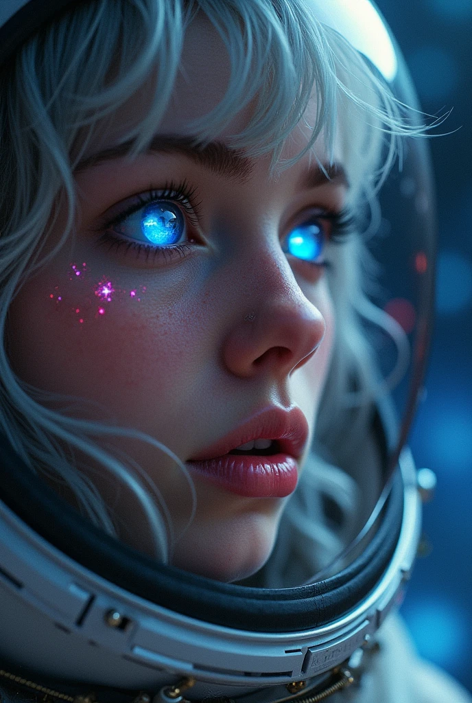(Close-up of a better masterpiece:1.5)0.9], (Space and astronauts:1.2) (Messy silver hair:1.1) (Heterochromia xanthochromia and blue eyes:1.2) (Space Helmet:1.0) (Colored stars in the eyes:1.0) (A radiant glow:1.1) (thick lips:0.9)