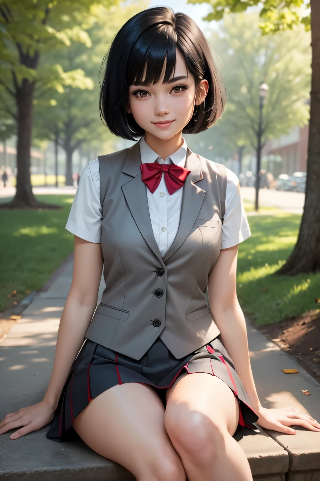 Graphic novel style, 1 stunningly beautiful college girl, smiling, blushing, short black hair, bob cut, wearing a Japanese school uniform, red eyes, 1, ((short black skirt)), toned legs, red bow, ((light gray closed vest)), in the park, (((Sitting)))