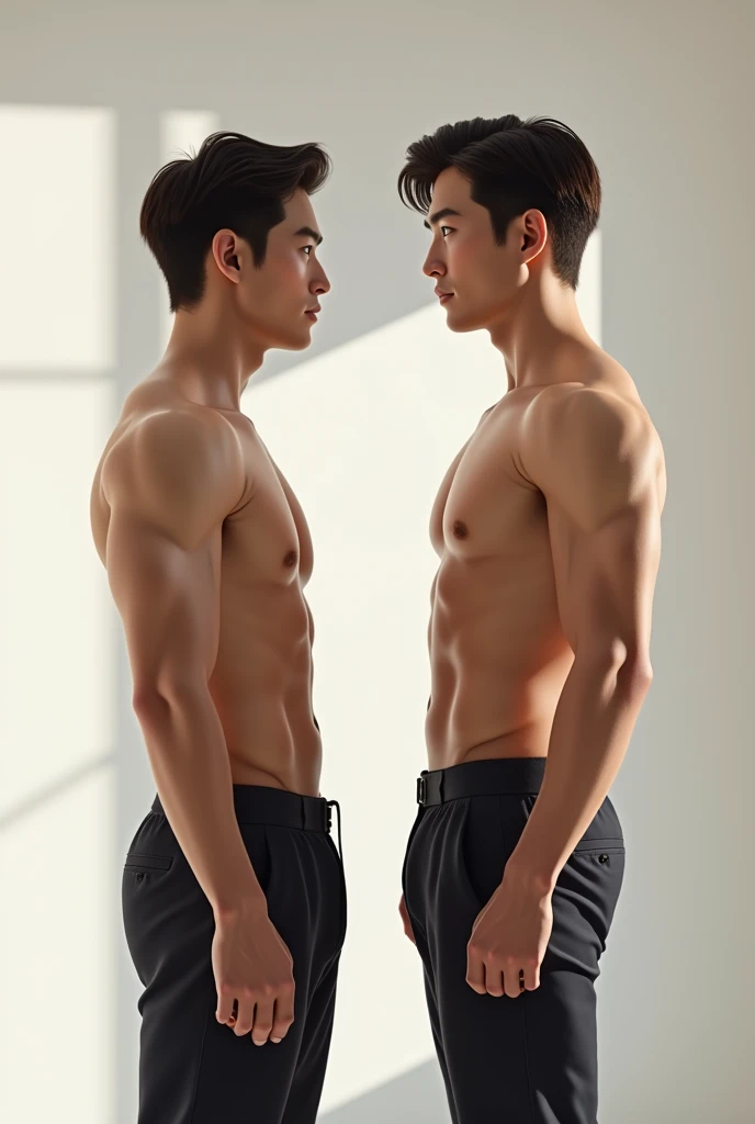 Create a 2 Korean man with an oval face, standing at 1.81 meters tall, weighing 55 kg, with brown eyes and brown hair, showcasing a fit physique with visible abs