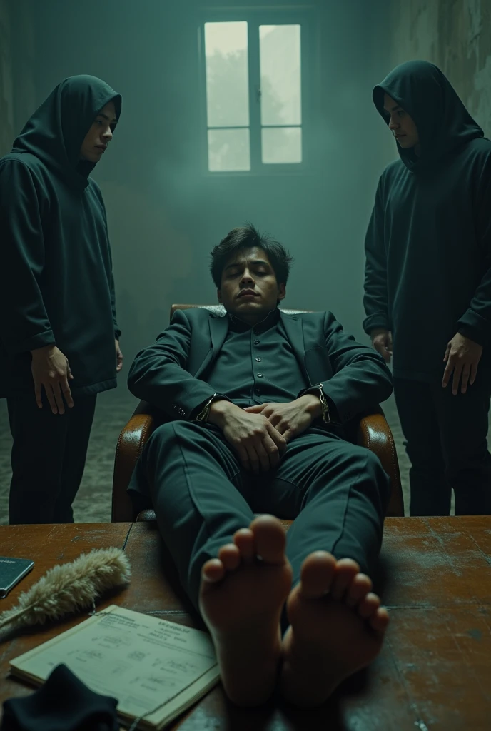 Malaysia malay handsome 19years student
He fainted
Smelly feet
His hand handcuff in abondon warehouse
Blindfolded
handcuff
Formal Outfit
Focus sweaty hot feet on desk
feather duster on desk
Dirty Black sock on desk
2 mafia pinch nose
His feet smelly