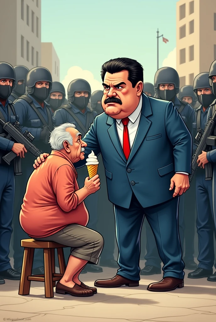 Cartoon of Nicolás Maduro with all his armed thugs behind him yelling at an old, chubby man with gray hair and the old man is sitting on a stool eating a cone