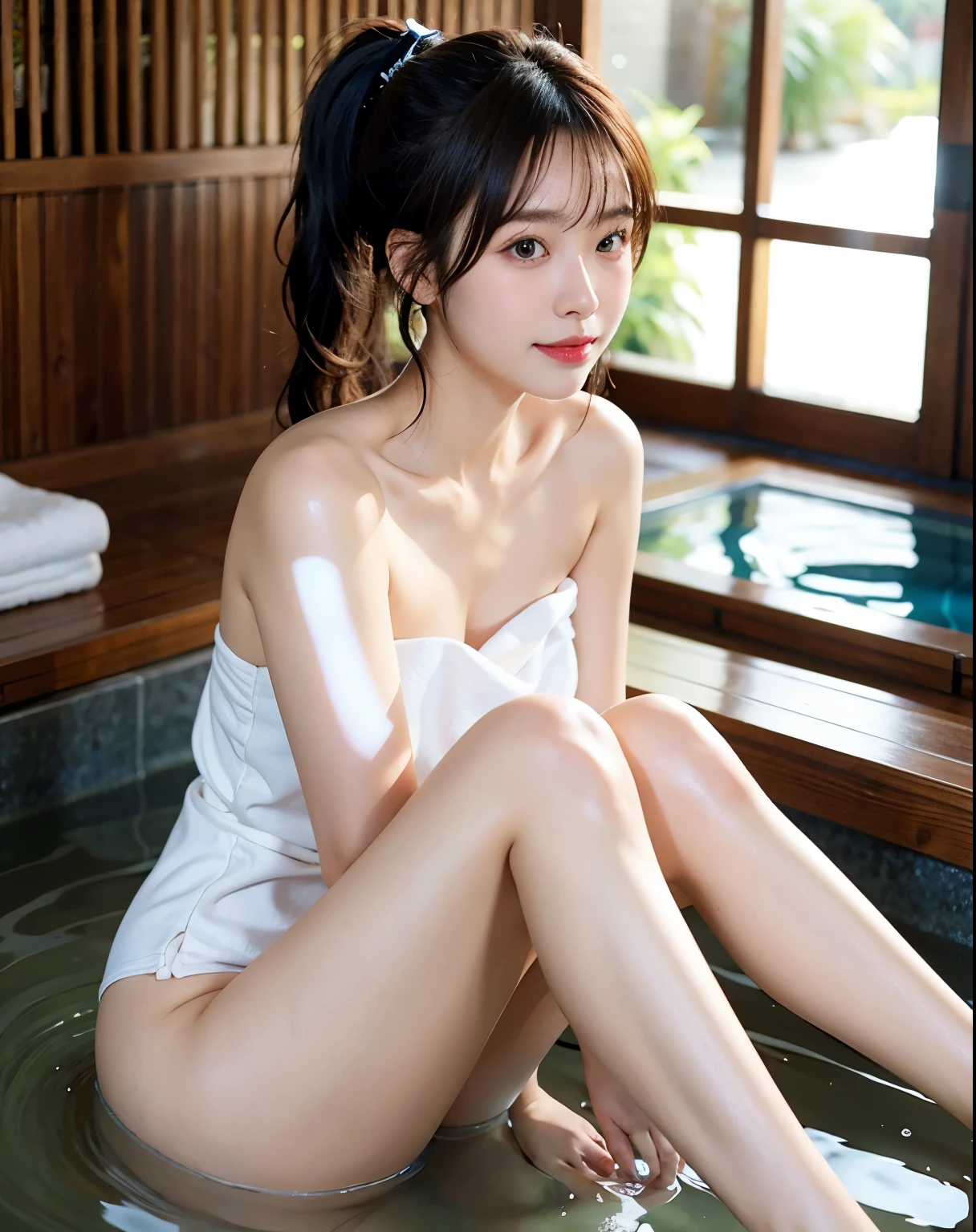 16K, 8K, masterpiece, Top quality, ultra-detailed, soaking in open-air hot spring:1.3, an extremely delicate and beautiful,(wrap a plain white color towel over naked body:1.1), (sleeveless, strapless:1.1), (bare shoulders, bare arms, knees),barefoot, 1 beautiful woman,35mm lens,f/1,large chest, onsen, A slight smile, Ponytail