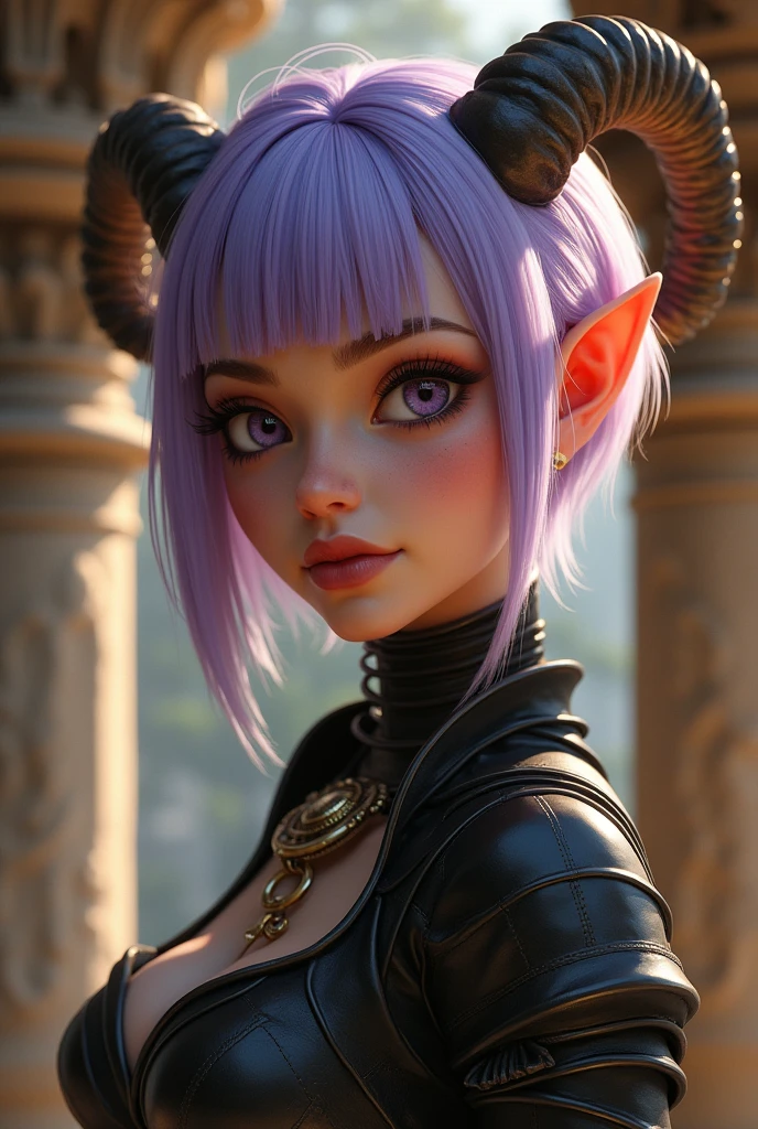 A close-up portrait of a beautiful female gnome character with sabrina, lavender hair, short hair and blunt bangs with ram horns. She has a serious, determined expression with highly detailed and expressive eyes, delicate features, sensual lips, and flawless complexion. The character is wearing a fantasy black leather armor with long claws and long nails focus, appearing as a rogue or fighter. The scene is set in a fantasy environment, possibly inside stone chambers with beautifully adorned columns, creating an ethereal, dreamy and romantic atmosphere. The lighting is warm and glowing, with a soft focus and gentle breeze, giving the image a filmic, summer vibes aesthetic. The character's feminine posture and graceful movements are seamlessly integrated with the detailed background, resulting in a visually stunning and professional-quality artwork.