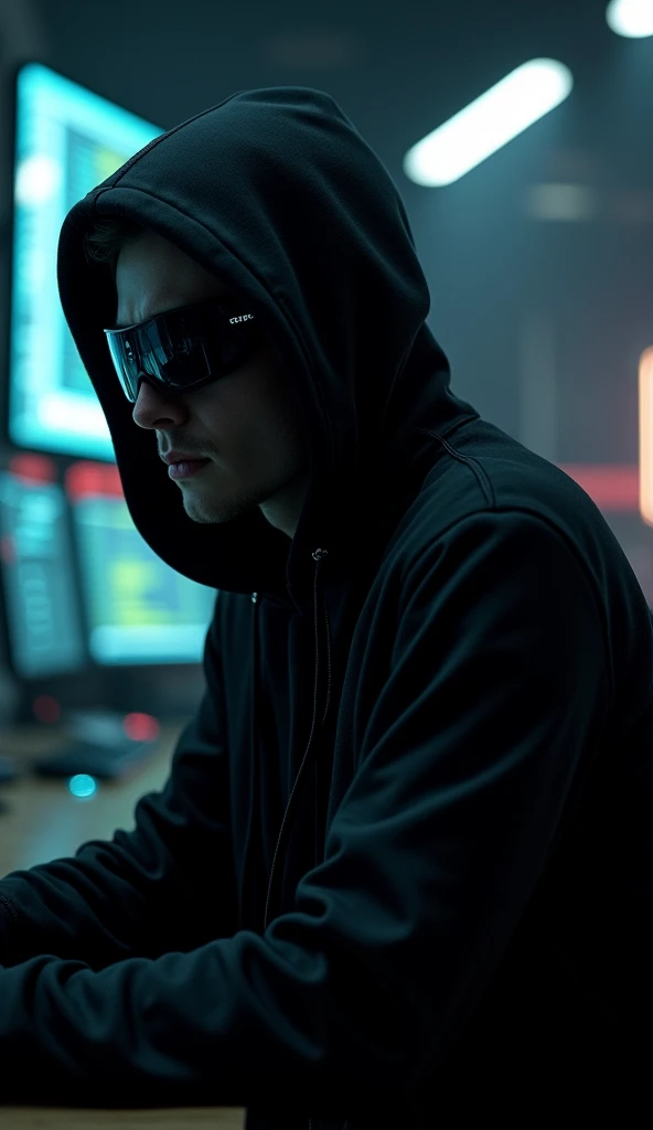 Generate a person with a hacker appearance wearing dark glasses and a black hoodie 