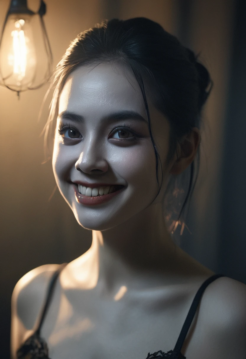 a creepy detailed little boogieman girl, naked, long sharp teeth, dark shadowy eyes, sinister smile, dark mysterious background, dark eerie atmosphere, dramatic chiaroscuro lighting, dark fantasy, gothic, horror, (best quality,4k,8k,highres,masterpiece:1.2),ultra-detailed,(realistic,photorealistic,photo-realistic:1.37)
