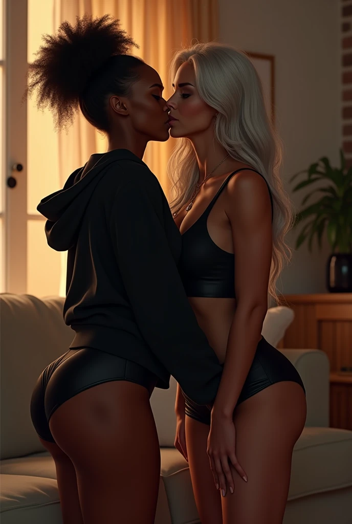black woman hair in a bun black hoodie black leather short shorts bent over and old woman grabbing her ass cheeks and kissing her neck living room