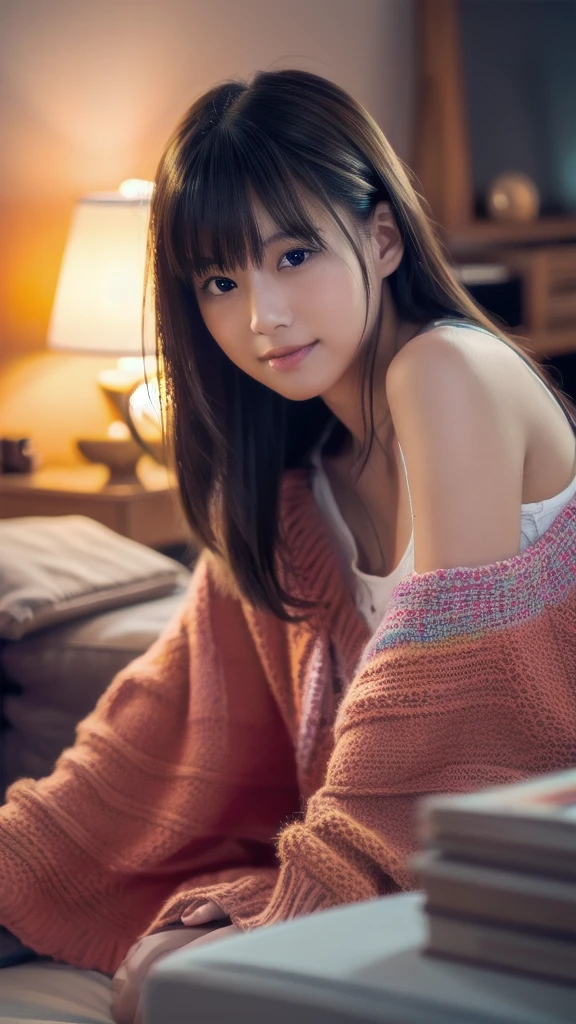 a beautiful young japanese girl relaxing in a living room at night, wearing a non-transparent nightgown, detailed face, (best quality,4k,8k,highres,masterpiece:1.2),ultra-detailed,(realistic,photorealistic,photo-realistic:1.37),HDR,UHD,studio lighting,ultra-fine painting,sharp focus,physically-based rendering,extreme detail description,professional,vivid colors,bokeh,portrait