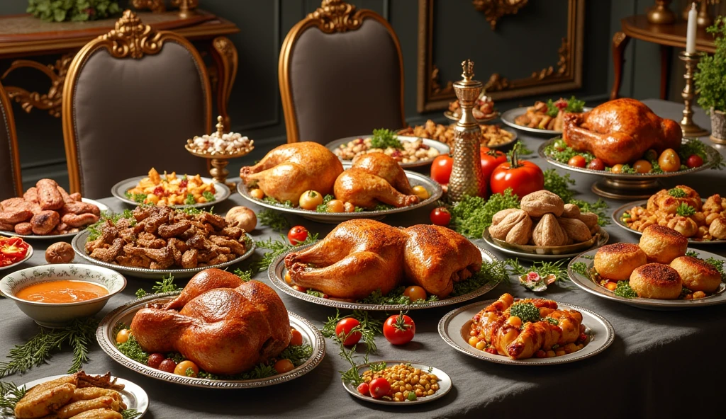 Large table,different types of poultry dishes on it