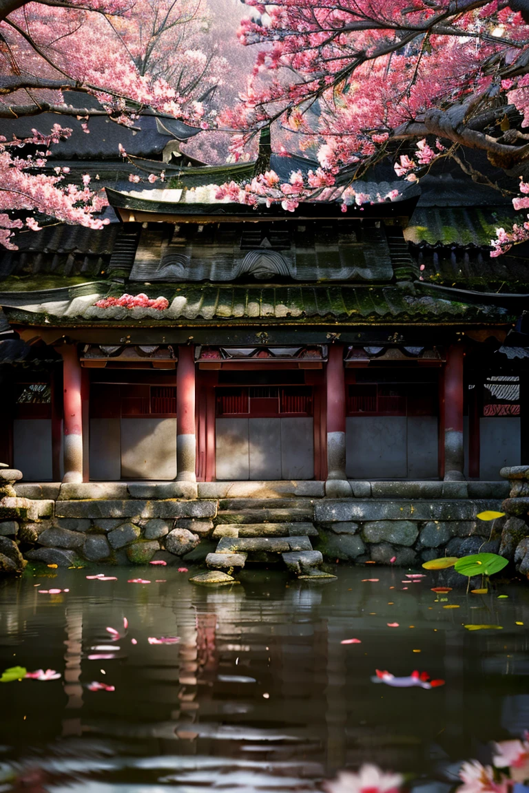 sakura cherry blossom garden, chinese imperial castle, traditional japanese garden, tranquil pond, stone bridge, pagoda, flowers, lush greenery, vibrant colors, soft lighting, intricate details, (best quality,4k,8k,highres,masterpiece:1.2),ultra-detailed,(realistic,photorealistic,photo-realistic:1.37),stunning landscape, breathtaking scenery, atmospheric, serene, peaceful, harmonious, cinematic composition