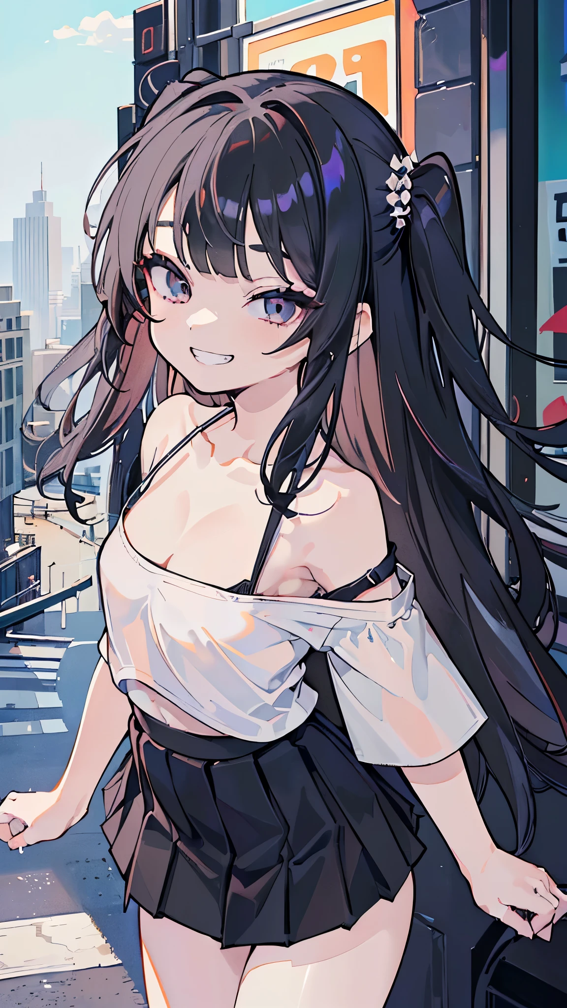 ((masterpiece、Highest quality、Very detailed))、One girl、Black Hair、Long Hair、Two Side Up、blunt bangs、Grey Eyes、evil smile、((Grin))、((Small breasts))、((White T-shirt))、Short sleeve、((Off the shoulder))、Black shoulder straps、((clavicle)、((cleavage))、((Black pleated skirt))、((micro miniskirt))、Cowboy Shot、Downtown background