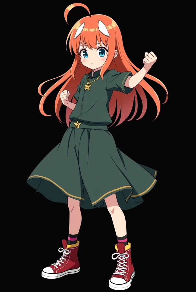 A full body image of a  aged, personagem do anime "JUJUTSU KAİSEN", she is very beautiful, with long, straight, fire-colored hair with two white streaks highlighted in the front, framing your face. She has blue-green eyes and pale skin.. she is a Wiccan, she is in fighting pose. she wears a pentagram necklace, beautiful women&#39;s high-top shoes and ¾-long socks. She is drawn with Gege Akutami&#39;s lines and animation style., criador de JUJUTSU KAİSEN. black backdrop.