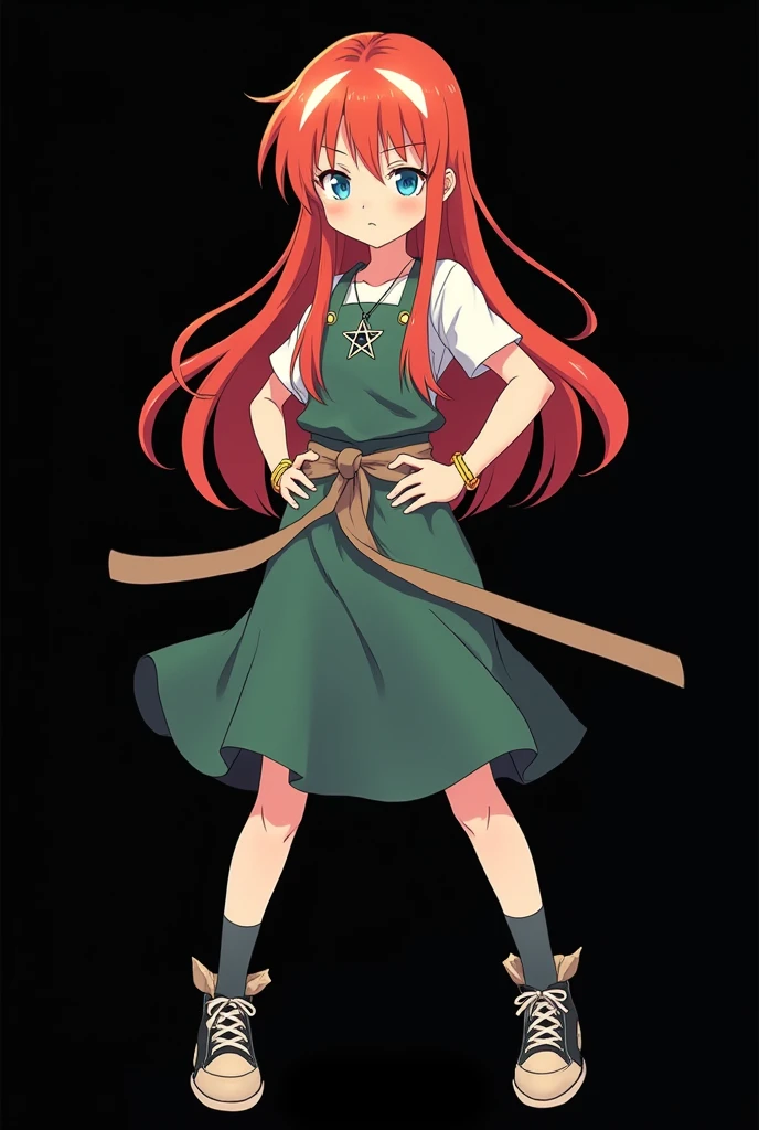 A full body image of a child aged, personagem do anime "JUJUTSU KAİSEN", she is very beautiful, with long, straight, fire-colored hair with two white streaks highlighted in the front, framing your face. She has blue-green eyes and pale skin.. she is a Wiccan, she is in fighting pose. she wears a pentagram necklace, beautiful women&#39;s high-top shoes and ¾-long socks. She is drawn with Gege Akutami&#39;s lines and animation style., criador de JUJUTSU KAİSEN. black backdrop.
