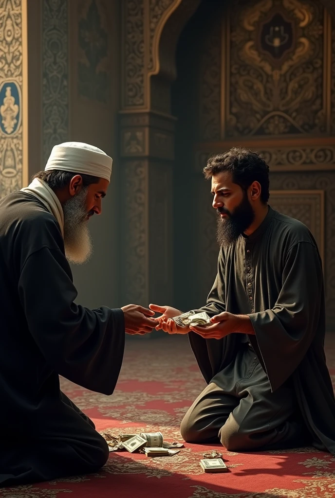 Prompt: The thief, now with a determined expression, kneels down before the imam, holding out the stolen money and jewelry as he apologizes sincerely.