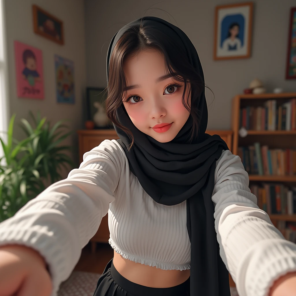 A asian real human girl with striking beauty, wearing a black hijab and a white crop top paired with a black mini skirt. She is taking a close-up selfie in her room, with her face almost touching the screen. The close proximity highlights her youthful features and the subtle details of her outfit. Her room has a cozy and personalized touch, adding to the vibrant and lively atmosphere of the illustration.
