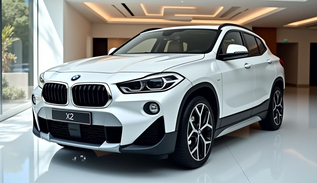 Give me a competative image of ( BMW X2 ) ( white ) front view in showroom