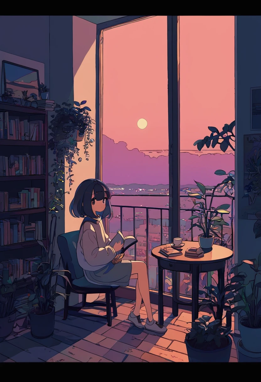 1girl, kawaii girl，A plant，Walls, window, book, coffee, table, night, cozy room, lofi style, full body,