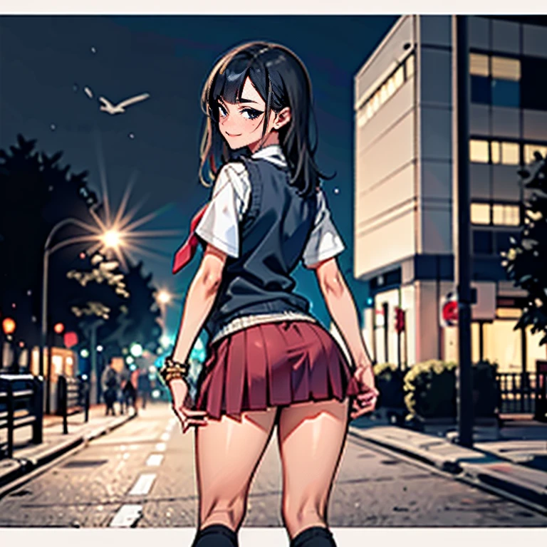 (8k, RAW Photos, 最high quality, masterpiece:1.2), High quality RAW color photos, Professional photo shoot, Cinematic Light, night、Late night、alone, (((young woman, gal))), (Sharp features), (Small face), (Skin with attention to detail:1.2), clavicle, Cute Face, Beautiful appearance, Long eyelashes,Girl Turning Around, smile, (Black Hair, Long straight line), high school student, Red tie, High School Uniform:1.2, Navy large oversized knit vest, bracelet, Rolled up sleeves, oversized white shirt, Micro Mini Skirt, night Park, Birds chirping, Embarrassing, sad, Artistic painting,Attractive thighs, loafers、(Very nice touch:1.2), (Watery eye), Sad atmosphere, Oil painting style, Dark colors, (Are standing:1.5, lean on a tree, )(((Focus on the butt))), Smooth texture, Gazing Eyes, Beautiful Skin, Glowing Skin, ((Perfect Fingers, Five Fingers, Anatomically correct)), Background Blur, high quality, surreal, ((Very detailed, photo shoot)),,View from below、blush、(Many passersby)、Embarrassing、Full Body Shot、((backstyle))、((Grab the skirt))、Accentuate your butt、Turn around、look back、Embarrassed、blush、Healthy Thighs、((Accentuate your butt))、Butt upshot、BIG ASS