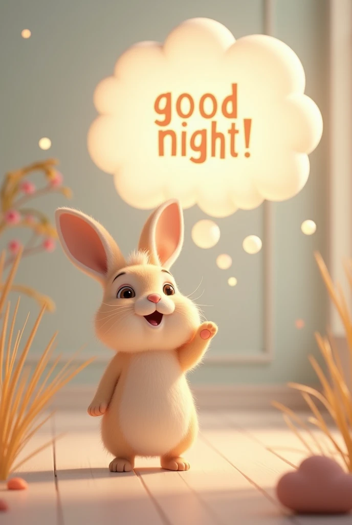 Pixar style, a cute rabbit smiling, showing his paw, cute and cute expression, big speechbubble over the head with text "Good Night!", minimalist style, im the nature simple clean light, movie lighting, volume light, soft and advanced colors, Bubble Mart, 3D, C4D, super detail, super precision,