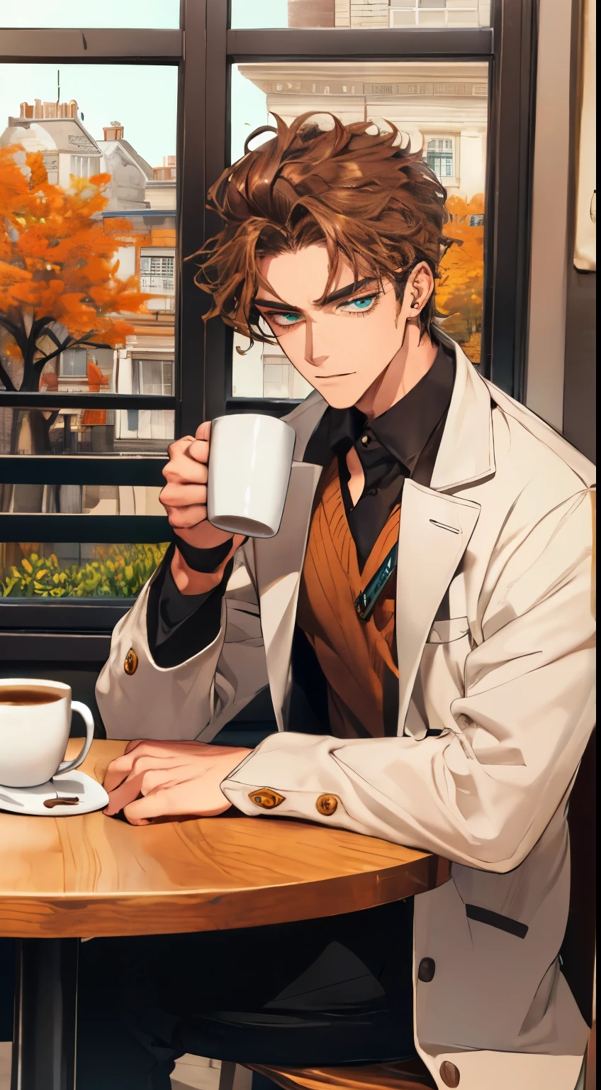 (Masterpiece, hiquality, absurdress), 1male, dark hair, Wavy Hair, The eyes are green, a perfect face, sports body, solo,  Male body, male focus, Detailed eyes and face,  Cozy café, lots of flowers, a table, Drinking coffee, Eat Cake, sitting at a table in a café, Take a selfie, overcoat, shirt, pants, Shoes, Romantic setting, Autumn outside the window