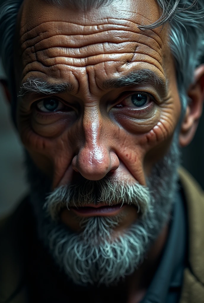 A close-up of a man's face with a dirty, worn appearance, resembling a homeless person. His face is smudged with dirt, and there are visible scratches and small cuts on his skin. His expression is tired and weary, reflecting a life of hardship. The hair is unkempt, and the beard is scruffy. The background is a dimly lit, urban setting, further emphasizing the tough, gritty reality of his situation. The overall mood is one of struggle and survival, capturing the raw and unpolished aspects of life on the streets."