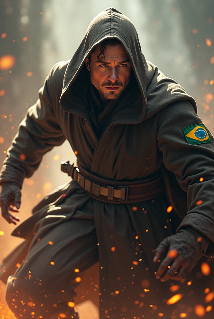 Image of Elon Musk wearing a Star Wars obi outfit with a Brazilian patch knocking Voldemort from Harry Potter away in a battle