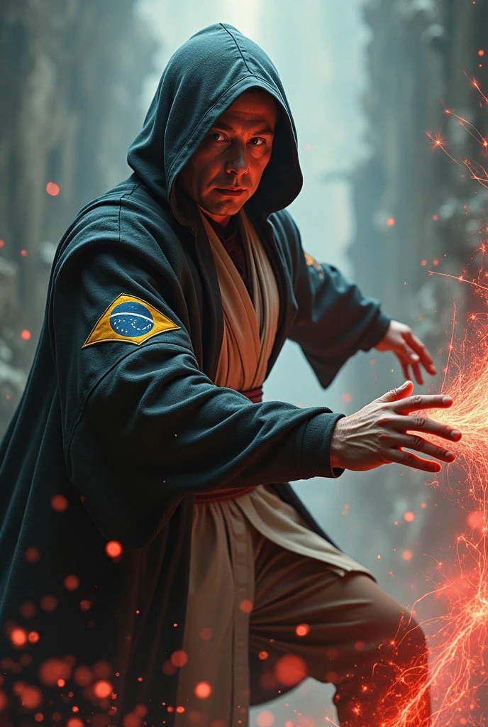 Image of Elon Musk wearing a Star Wars obi outfit with a Brazilian patch knocking Voldemort from Harry Potter away in a battle