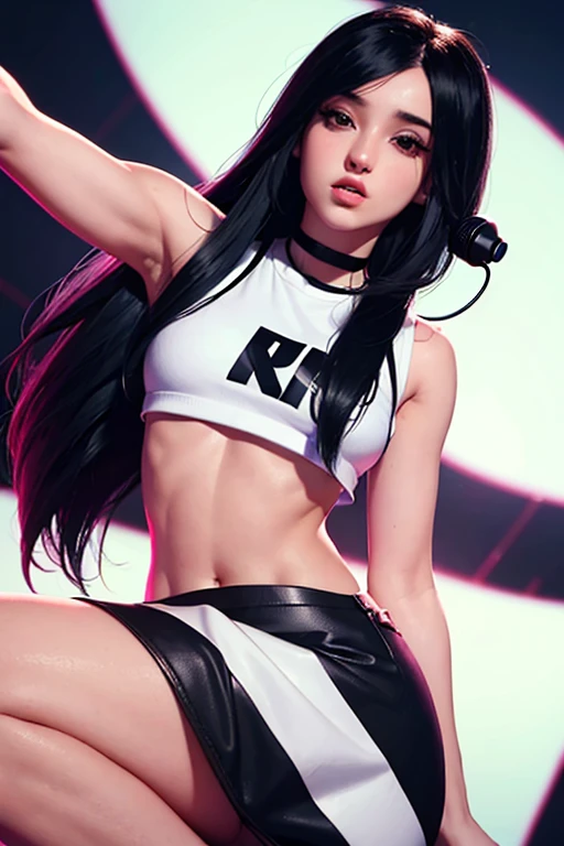 1 pop girl with 2K vibe long black hair mini crop top and short perfect eyes, hold a mic