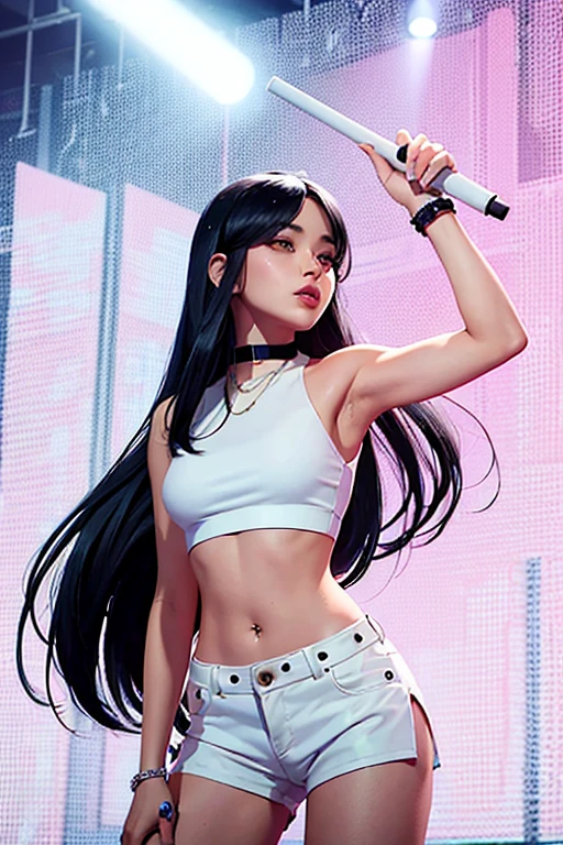 1 pop girl with 2K vibe long black hair mini crop top and short perfect eyes, hold a mic