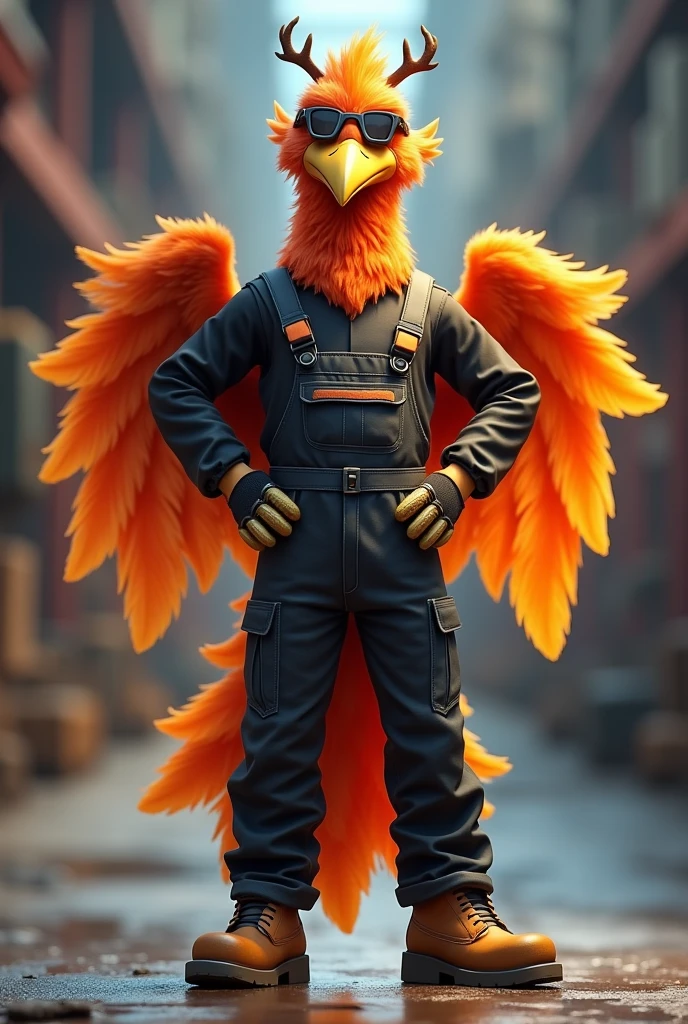 Ave fenix, with welding mask on head, safety glasses, ear plugs, Security boots,  gloves, black overalls and black long-sleeved shirt, cheered up, with one hand on the waist and the other with the thumb up comical
